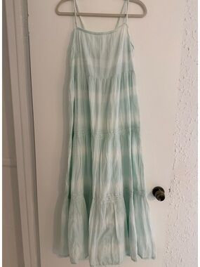 aerie Light Mint Green and white Tiered Maxi Dress. Embroidered & so flowy sz. L